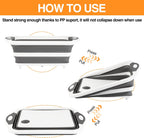 Collapsible BBQ Prep Tub/Cutting Board 10L, Foldable Dish Tub with Colander, Portable Camping Sink, Multifunction Dishing Basin Bucket Wash Tub for Kitchen Fruit Vegetable Picnic (Gray)