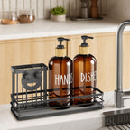 Moforoco Kitchen Dish Soap Dispenser Set, 16OZ Glass Bottle, Hand and Dish Soap Dispenser Set, Instant Dry Tray, Non-Slip Silicone Pad, Brush Holder with Sponge Holder, Kitchen Decor（Amber Bottle）