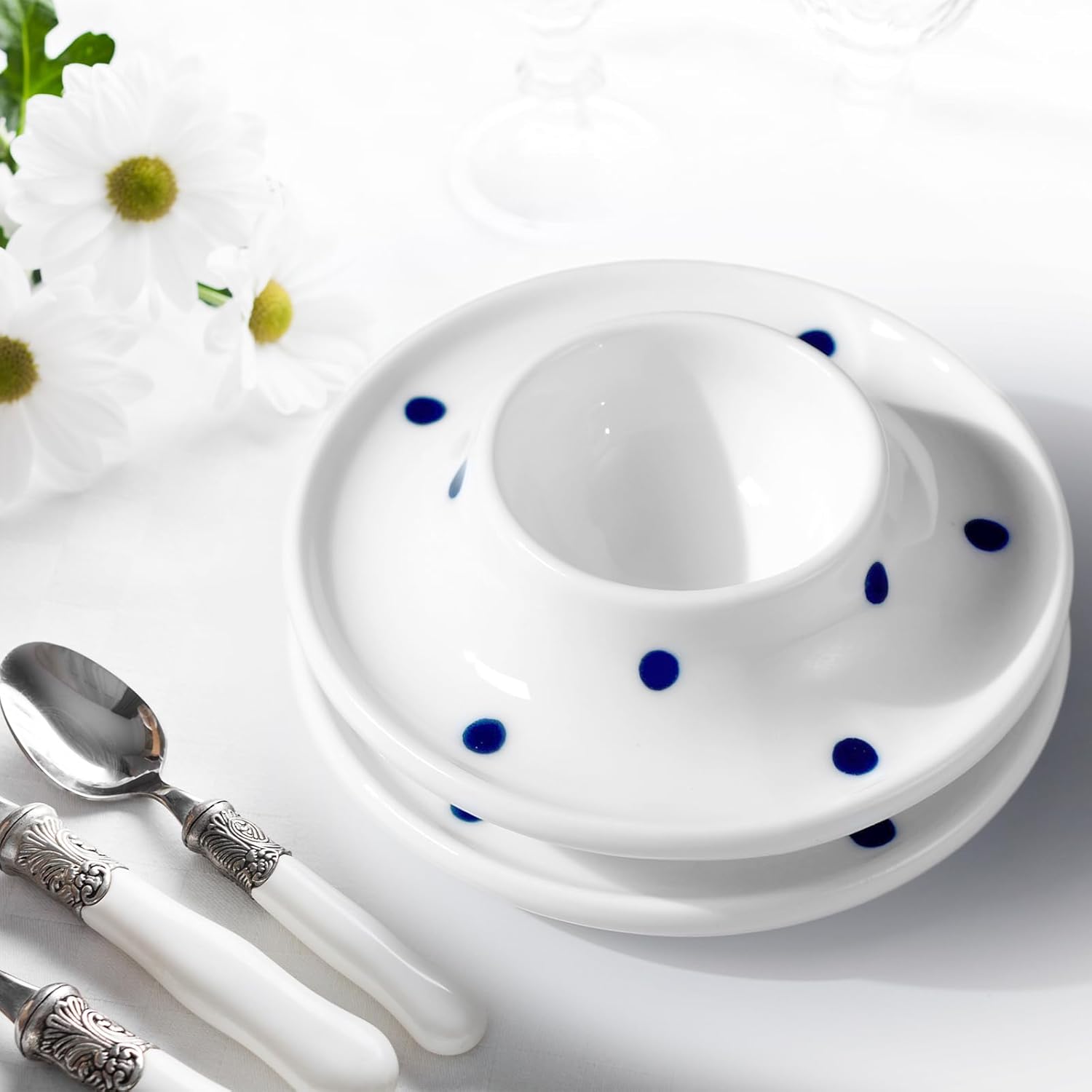 Cinf Ceramic White Egg Holder Set of 2 Porcelain Holder Breakfast Boiled Cooking Easy to Clean Childhood Memories Kitchen（Blue Dot)
