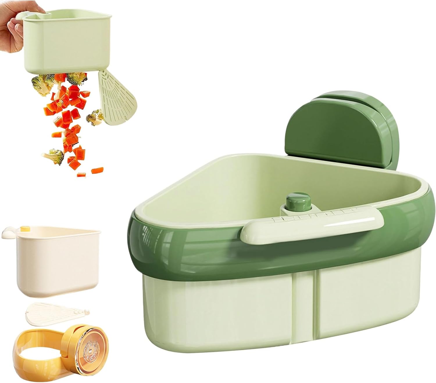 Suction Cup Sink Corner Rack, Triangular Sinks Basket Shelf, Automatic Dumping Corner Sink Strainer with Drain Hole, Food Waste Catcher (Green)
