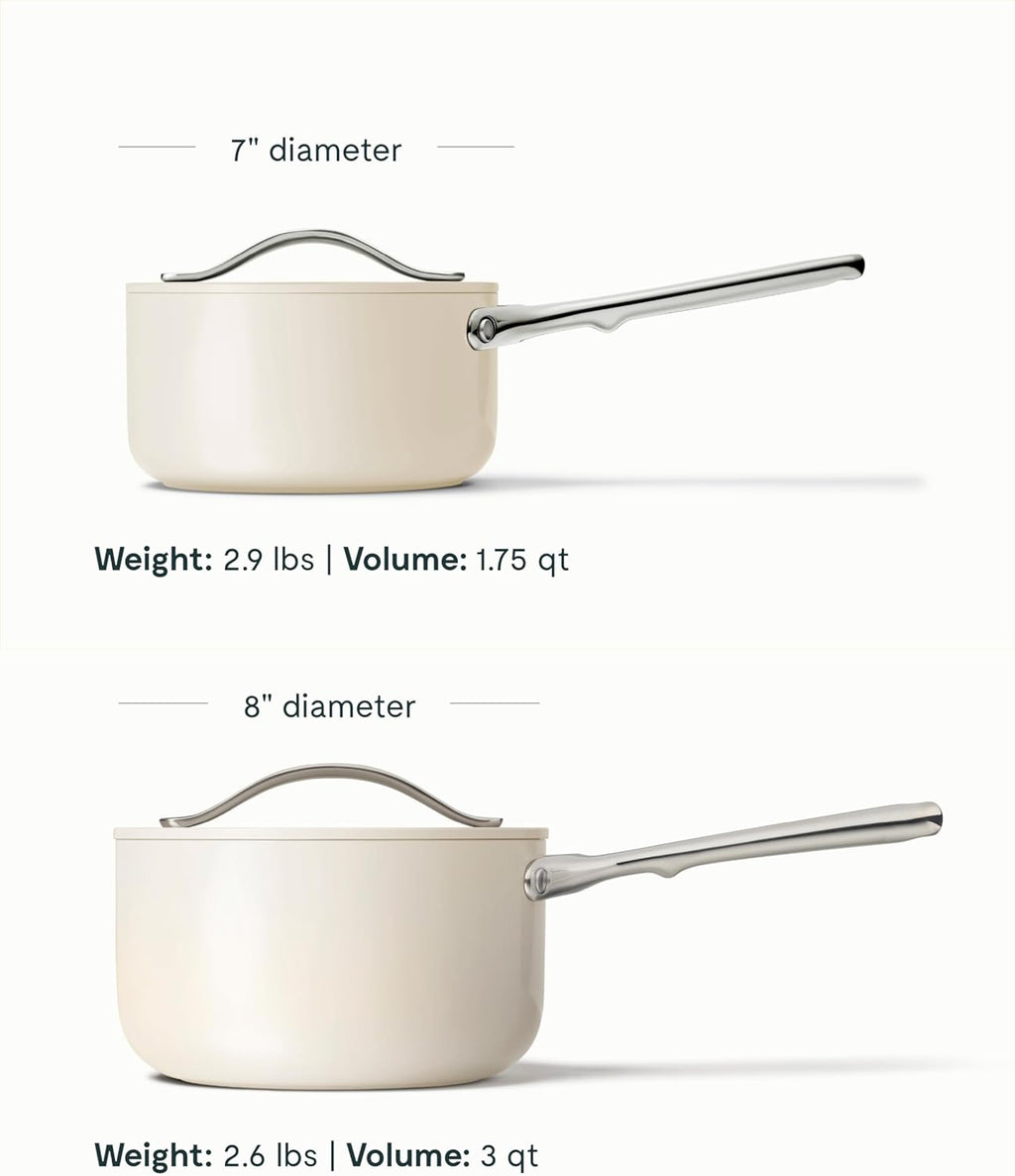 Caraway Nonstick Ceramic Sauce Pan with Lid (1.75 qt) - Non Toxic, PTFE & PFOA Free - Oven Safe & Compatible with All Stovetops (Gas, Electric & Induction) - Cream