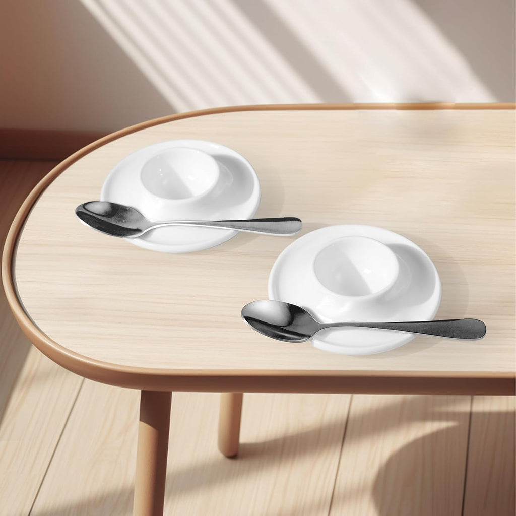 Cinf Ceramic White Egg Holder Set of 2 Porcelain Holder With 2 Stainless Steels Egg Spoons Breakfast Boiled Cooking Easy to Clean Childhood Memories Kitchen