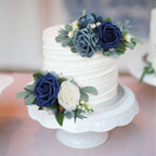 Rinlong 3Pcs Pre-made Cake Toppers Navy Blue Flowers Cake Decorations Wedding Cake Decorating Flowers Decor Birthday Baptism Party Cake Toppers
