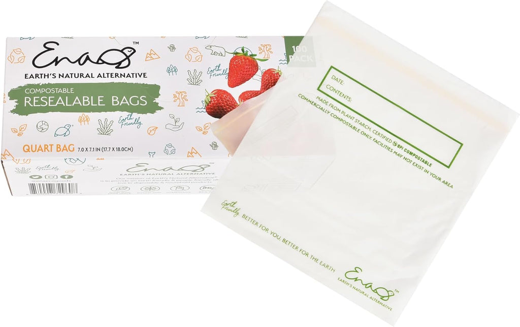100% Compostable Food Storage Bags [Quart 100 Pack] Eco-Friendly Freezer Bags, Resealable Bags, Heavy-Duty, Reusable, Off-White by Earth's Natural Alternative