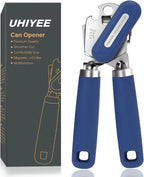 Can Opener Manual, UHIYEE Hand Held Manual Can Openers Heavy Duty with Smoother Cut Sharp Blade, Manual Hand Can Open with Soft Handle, Easy to Turn Knob, Magnetic Lid Lifter, Blue