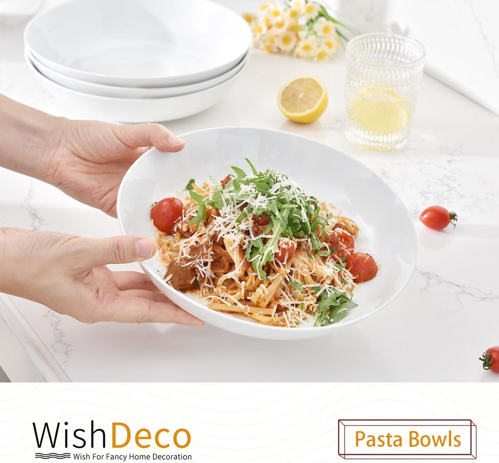 White Pasta Bowls Set of 4, Porcelain Salad Bowls 37 oz, Wide and Shallow Serving Bowl 9 Inch, Large Pasta Plates, Serving Dishes for Soup, Dinner, Microwave and Dishwasher Safe