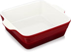 LOVECASA 8x8 inch Baking Pan, 2 Quart Square Cake Pan Baking Dish for Oven, Stoneware Brownie Pan Non-Stick, Casserole Baking Pan with Handle,Ceramic Bread Pans for Baking, Red