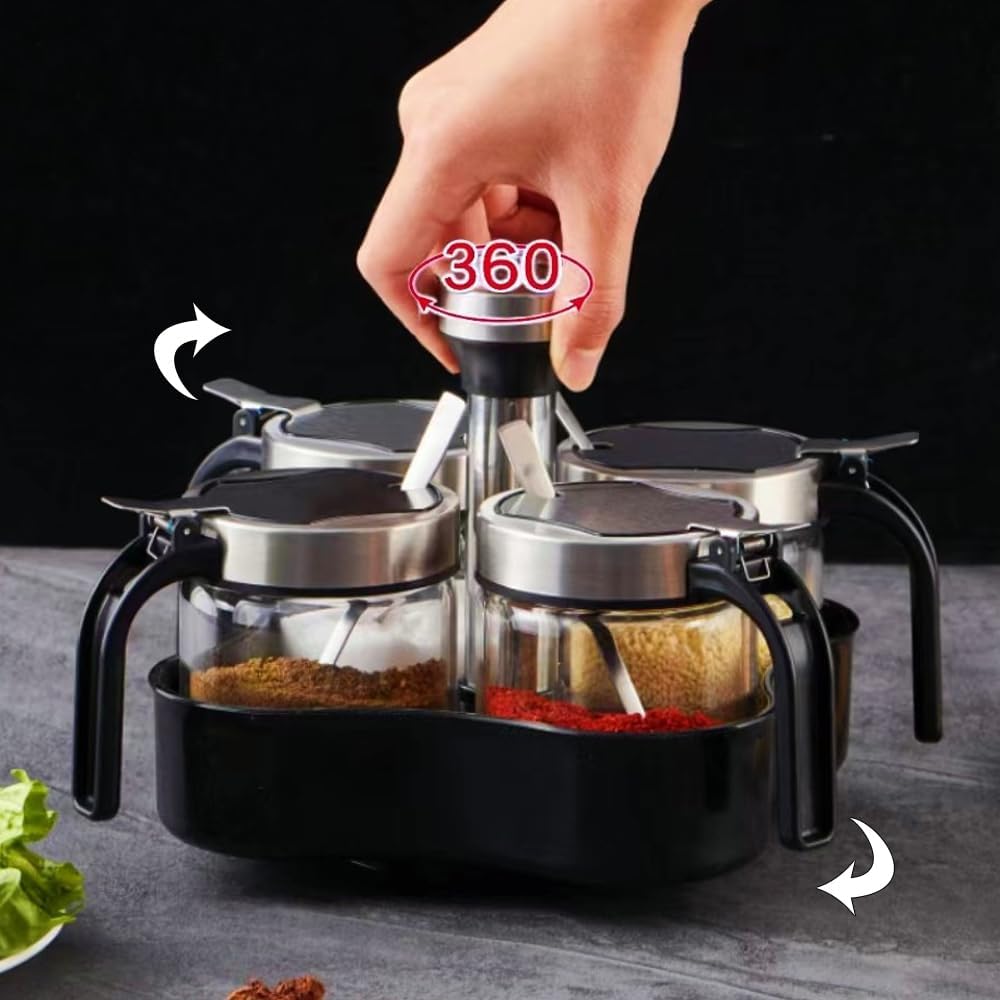 TINMIX Revolving Condiment Pots Sugar Bowl Salt & Pepper Cellar with Lid and Spoon, Set of 4 Seasoning Box Spice Jar with 360 Rotating Tray for Kitchen, 3 Pots+1 Oil Dispenser