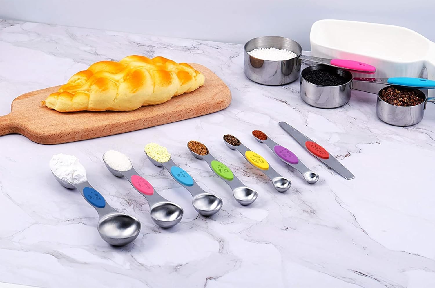 TILUCK measuring cups and magnetic measuring spoons set, stainless steel measuring cups, 6 double-sided stainless steel measuring spoons & 1 leveler(7+7)
