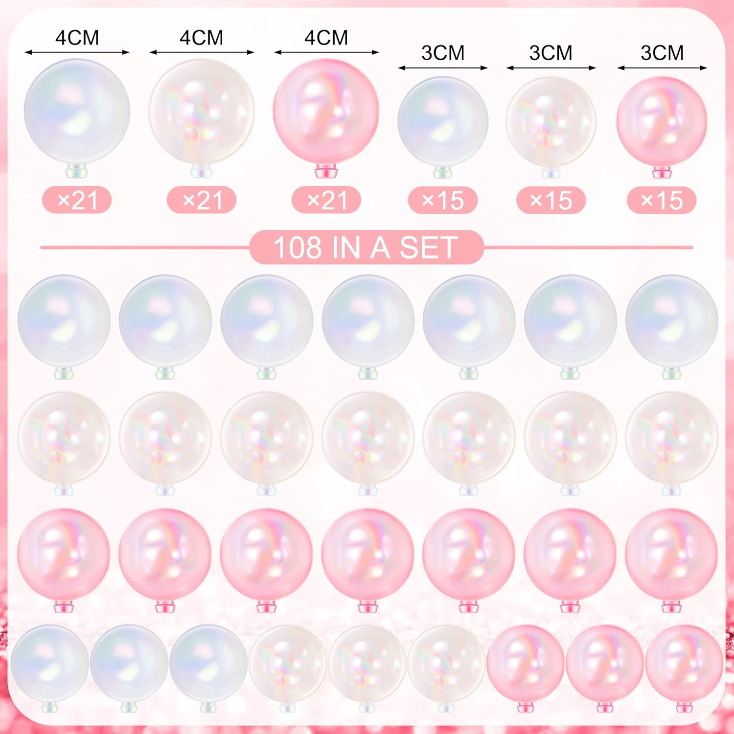 108 Pcs Balls Cake Topper DIY Cupcake Insert Foam Balloons for Cake Baking Wedding Anniversary Birthday Decoration(Pink, Clear, White,1.57'', 1.18'')