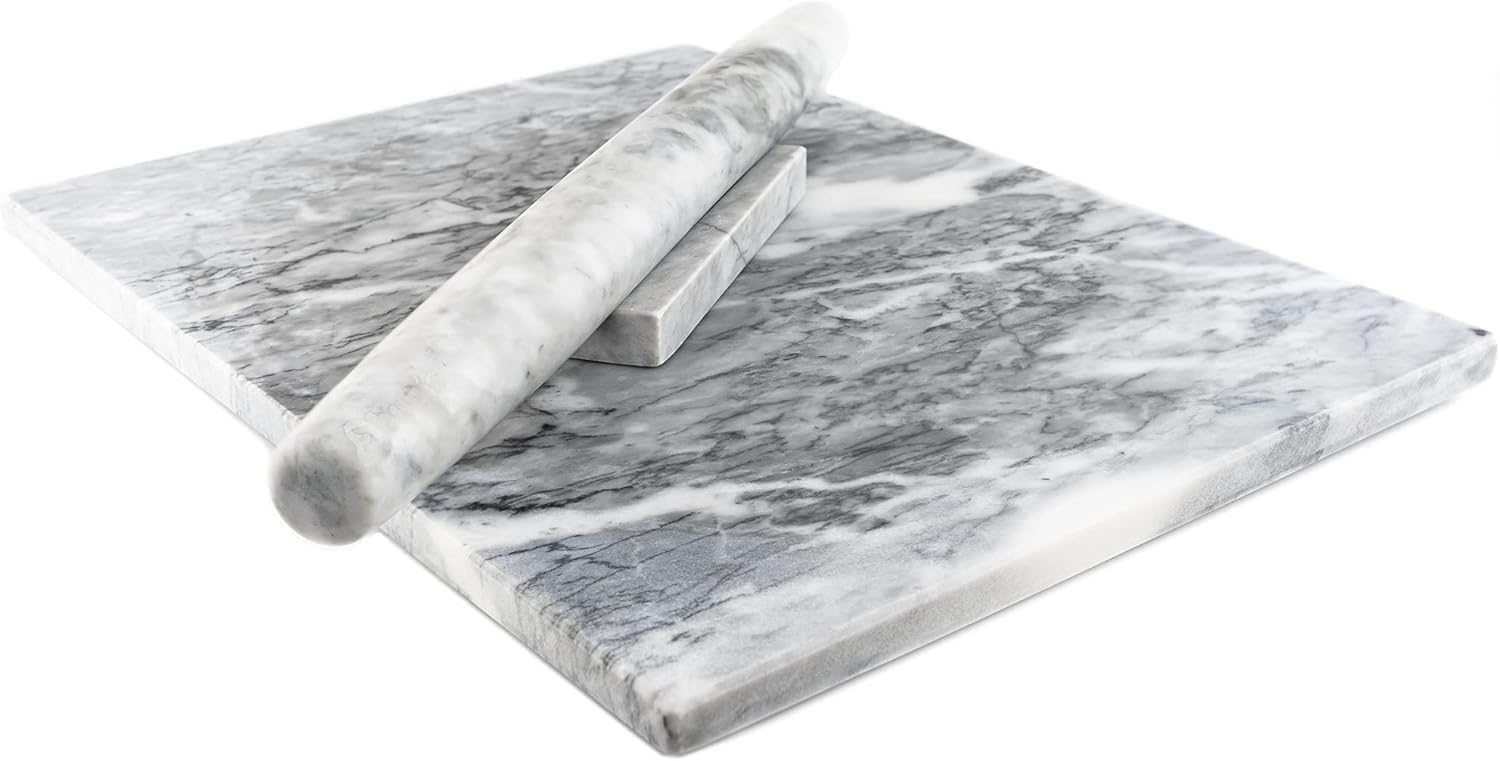 Marble Pastry Board and French Rolling Pin Set – 16” x 12” Chilling Slab + 16” Rolling Pin – Non-Slip Feet – Ideal for Baking, Cheese, Charcuterie, Gifts & Elegant Kitchen Display