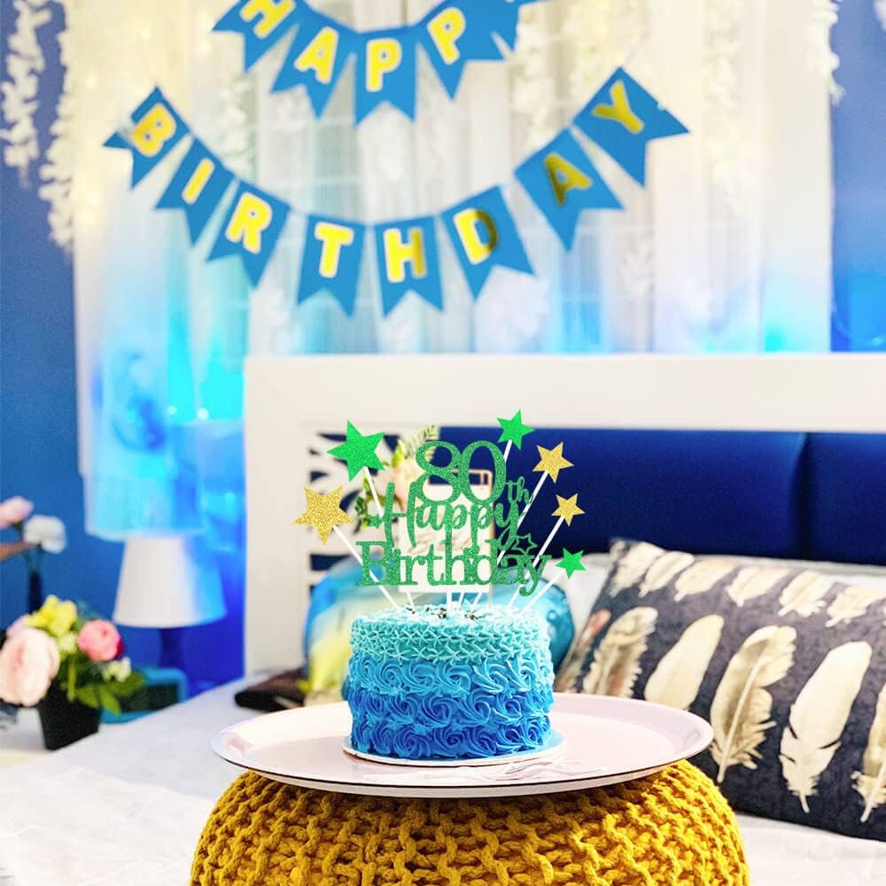 Glittery 80th Happy Birthday Cake Topper with Star,Personalised 80 Birthday Cake Toppers Party Decorations Party Supplies for Boys Girls Green Gold