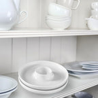Cinf EggHolder & Spoon Set 2 Ceramic Egg Holders + 2 SS Spoons Breakfast Plate White 5.5'' Food Container Egg Tray Dinner Serving for Hard Boiled Eggs, Easter & Deserts Kitchen