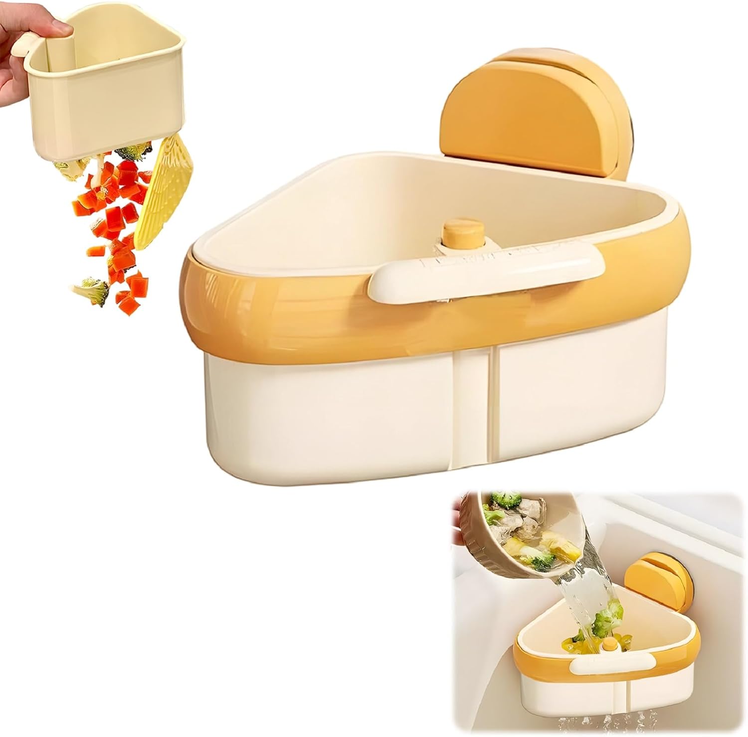Upgraded Suction Cup Sink Corner Rack, New Press Corner Sink Strainer, Automatic Dumping Sink Strainer Basket, Triangle Storage Rack with Drain Hole, Corner Sink Trash Catcher for Food Waste (Yellow)