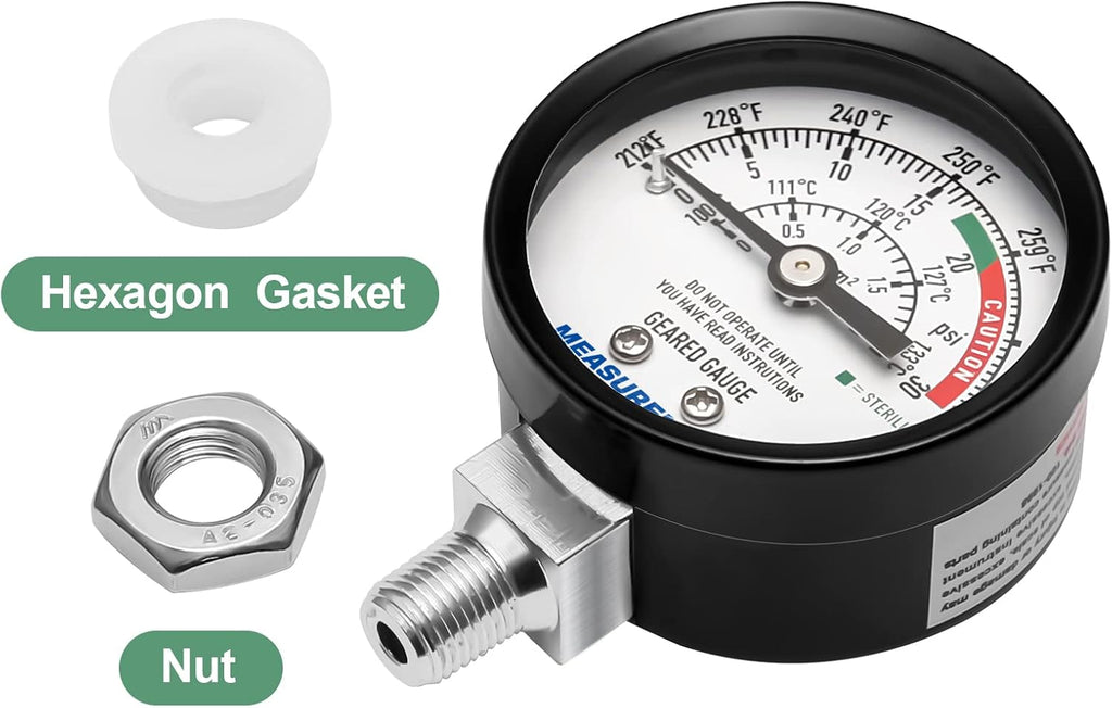 MEASUREMAN Black Steel Pressure Cooker Gauge, Pressure Canner Gauge, Steam Pressure Gauge, 2" Dial, Lower Mount, Including Hexagon Gasket and Nut