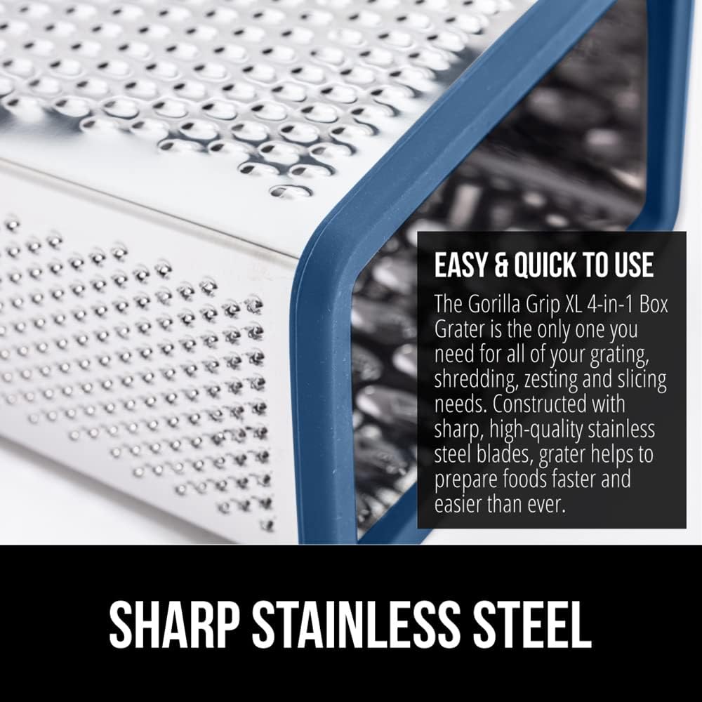 GORILLA GRIP 4-Sided 100% BPA-Free Cheese Grater With Container, Stainless Steel XL Box Graters, Parmesan Shredder, Grate Cheeses, Shred Veggies, Slip Resistant Handle, Dishwasher Safe Zester, Blue