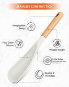 Cooking Spoon and Rice Scooper for Nonstick Cookwares, Great for Cooking and Serving Sturdy BPA-Free Matte Silicone, Wood Handle Spoon for Mixing, Scoop, and Scrape (WHITE)