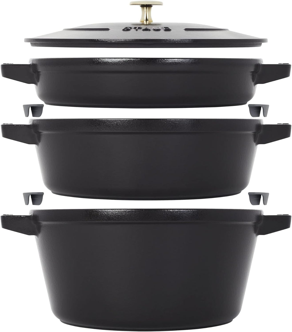STAUB Cast Iron Set 4-pc, Stackable Space-Saving Cookware Set, Dutch Oven, Skillet, Grill Pan with Universal Lid, Made in France, Matte Black