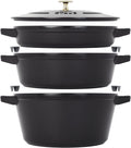 STAUB Cast Iron Set 4-pc, Stackable Space-Saving Cookware Set, Dutch Oven, Skillet, Grill Pan with Universal Lid, Made in France, Matte Black