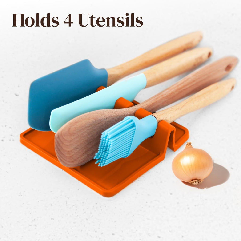 Silicone Spoon Rest for Stove Top with Drip Pad (Two Pack) - Heat Resistant BPA Free Utensil Rest & Spoon Holder for Kitchen Counter - Grill Utensil Holder - Spatula Holder, Tongs, Ladle