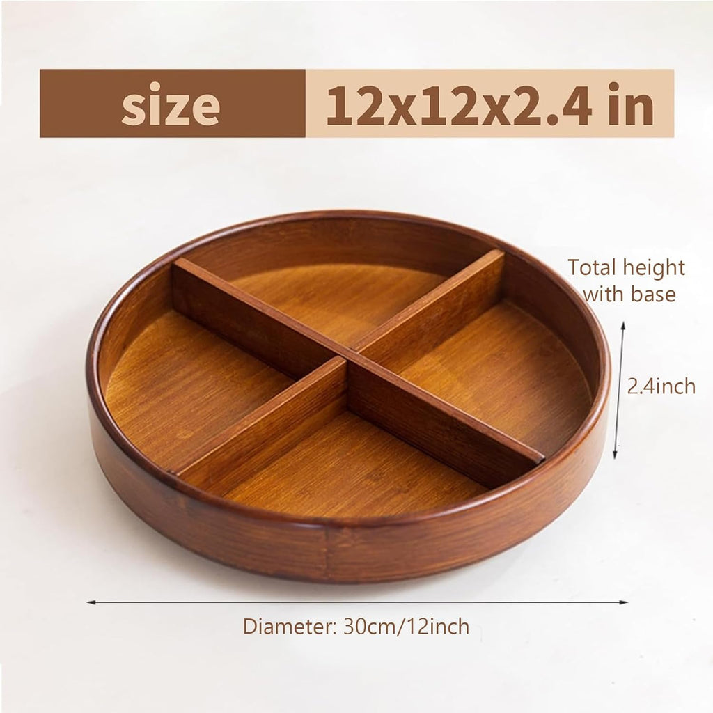 Bamboo Lazy Susan Organizer, 12'' Turntable Bamboo Tray with Removable Dividers, Rotating Spice Rack, Large Lazy Susan Turntable Organizer for Cabinet, Kitchen, Bathroom, Table
