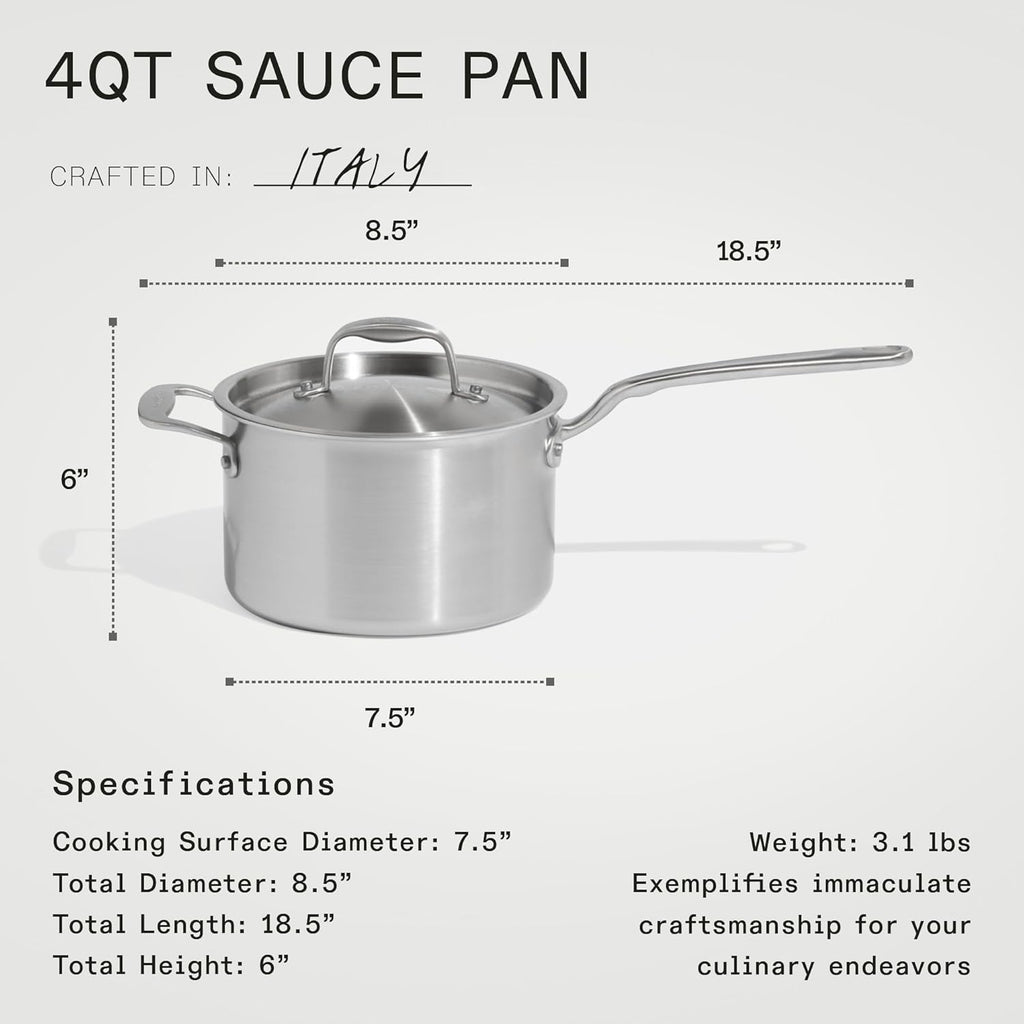 Made In Cookware - 4 QT Ceramic Non Stick Saucepan with Lid - 5-Ply Stainless Clad with Stay-Cool Handle - Professional Cookware - Crafted in Italy - Induction Compatible