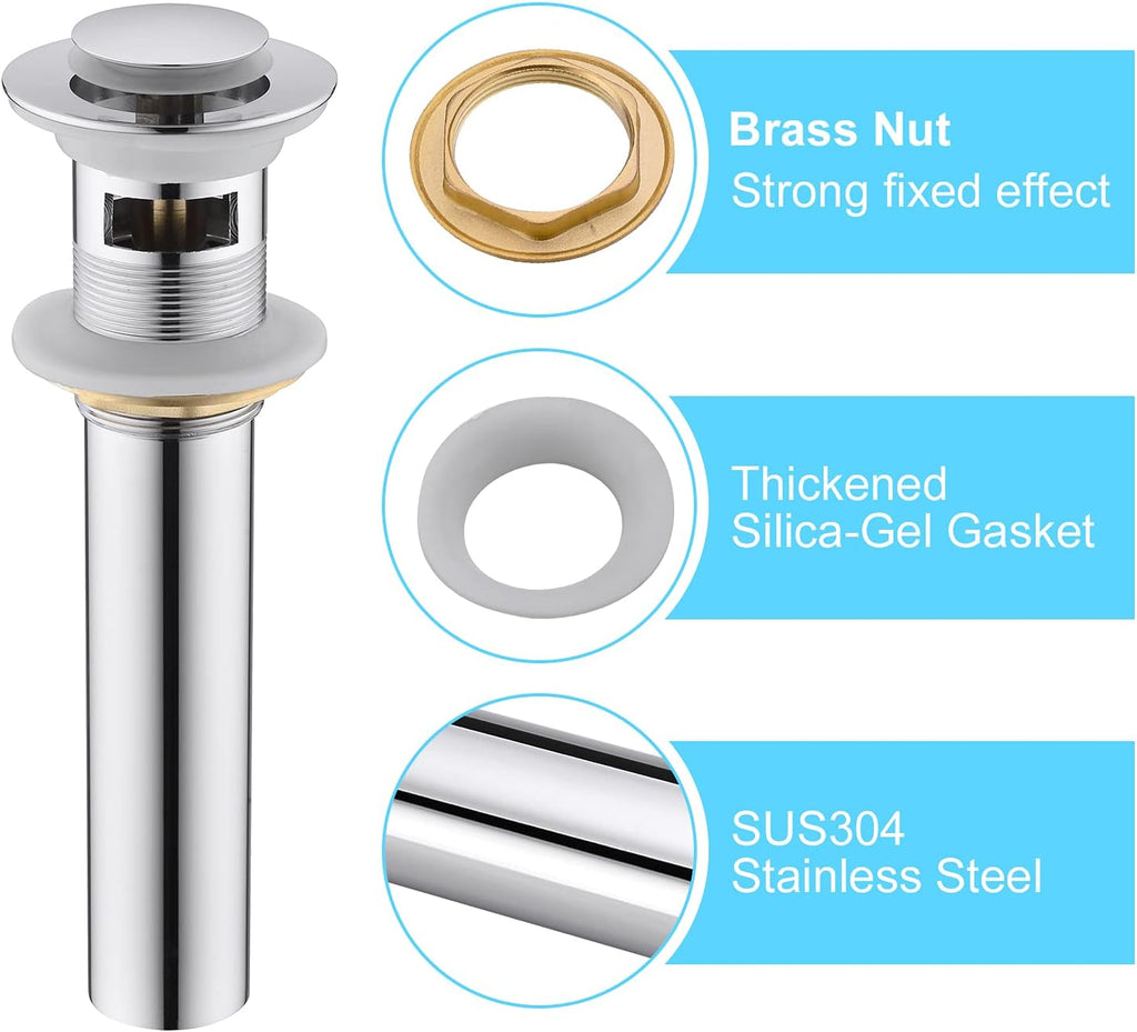 CREA Bathroom Sink Drain Chrome, Sink Stopper Pop Up Drain for Bathroom Vanity Kitchen Sink with Overflow