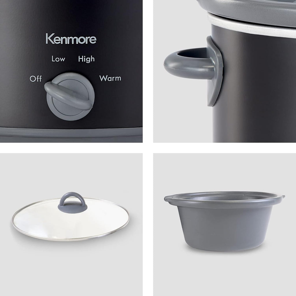 Kenmore 5 Quart Slow Cooker - Mini Crock Pot With Glass Lid, Stainless Steel Electric Cookers, Warm Rice & Sous Vide Stew, Soup, Lunch, Dishwaher Safe Non-Stick Ceramic Insert, 5 lb Chicken 3 lb Roast