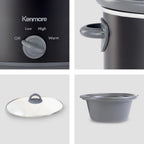 Kenmore 5 Quart Slow Cooker - Mini Crock Pot With Glass Lid, Stainless Steel Electric Cookers, Warm Rice & Sous Vide Stew, Soup, Lunch, Dishwaher Safe Non-Stick Ceramic Insert, 5 lb Chicken 3 lb Roast
