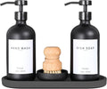 Set of 5 Kitchen Soap Dispenser Set 16 Oz Glass Hand Dish Soap Dispenser with Stainless Steel Pump, Cement Tray, Dish Scrub Brush for Farmhouse Rustic Home Bathroom Decor (Black)