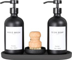 Set of 5 Kitchen Soap Dispenser Set 16 Oz Glass Hand Dish Soap Dispenser with Stainless Steel Pump, Cement Tray, Dish Scrub Brush for Farmhouse Rustic Home Bathroom Decor (Black)