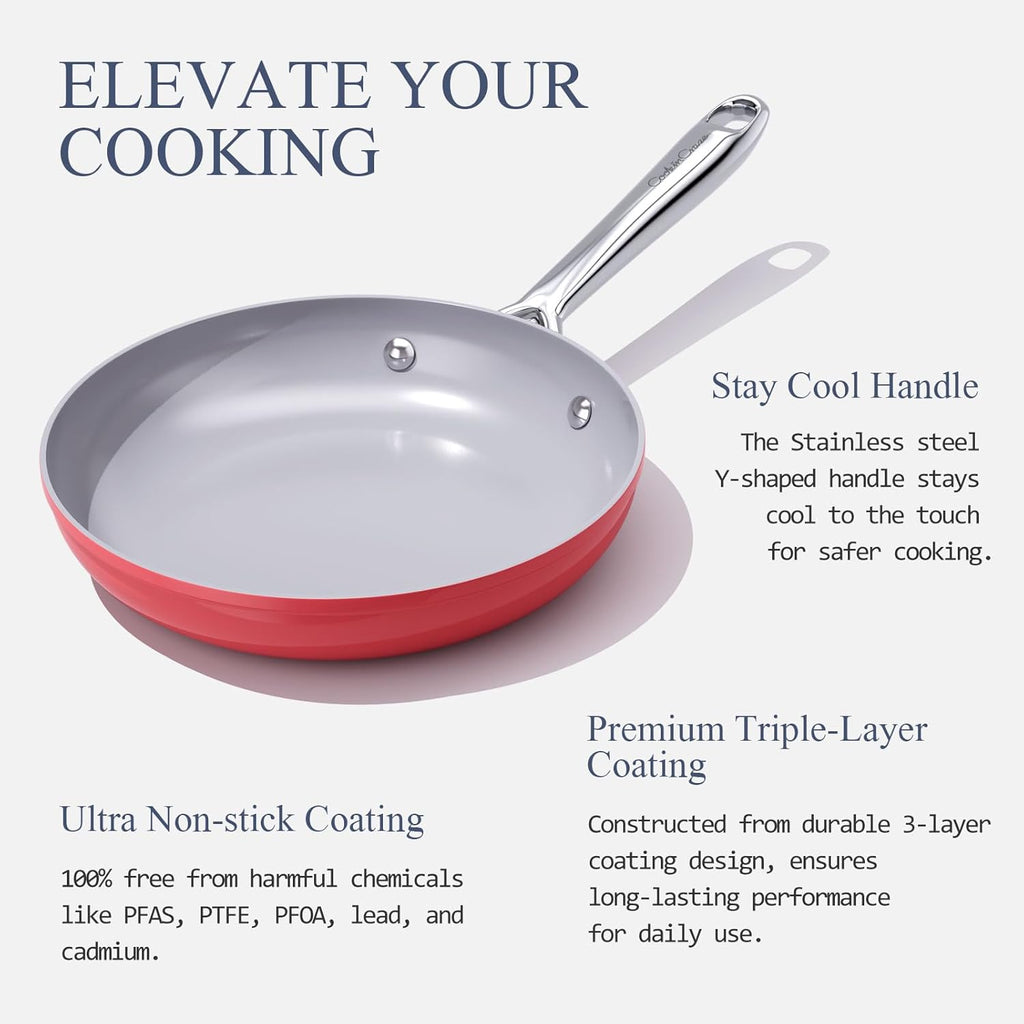 Nonstick Ceramic Frying Pan 10 Inch for Induction Cooktop - Non Toxic, PTFE/PFOA/PFAS Free, Oven & Dishwasher Safe up to 500°F - Non Stick Small Skillet with Stay-Cool Handle - Fusion Red