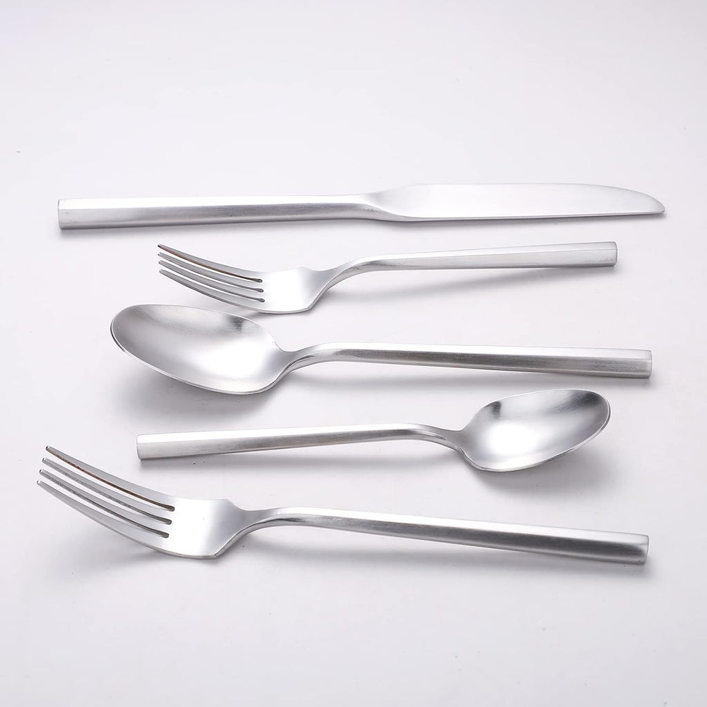 Matte Silverware Set Silver Flatware Set with Hexagon Handle 20 Pieces 18/0 Stainless Steel Cutlery Set Wedding Housewarming Gift Service for 4 (Matt silver)