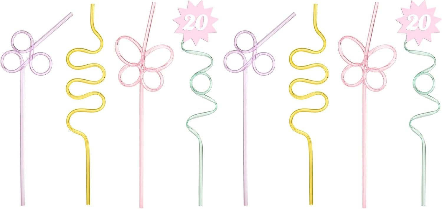xo, Fetti Pastel Reusable Straw Set - 20 pc | Rainbow Birthday Party, Butterfly Bachelorette, Bridal Shower Decorations | Squiggly, Wavy, (Pack of 2)