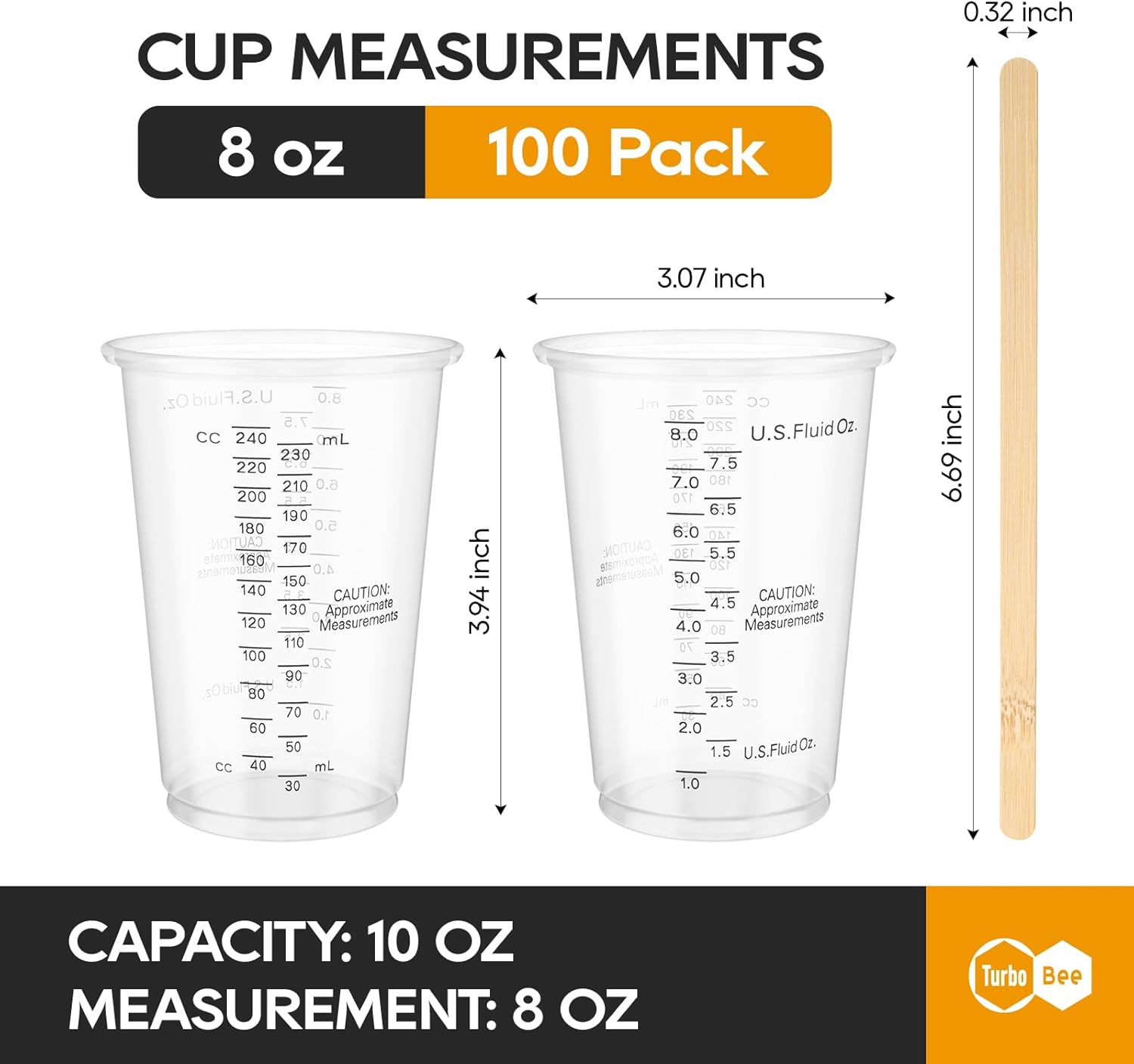 Turbo Bee Plastic Measuring Cups 8OZ,100 PACK Disposable Mixing Cups with 100 Mixing Sticks,Paint Graduated Measuring Tumblers for Epoxy Resin, Paint Mixing, Art DIY