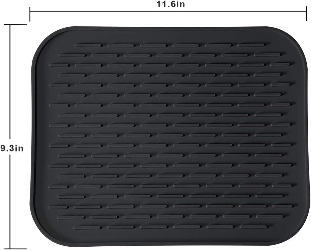 Silicone Dish Drying Mat for Multiple Usage,Easy clean,Eco-friendly,Super Sturdy Silicone Dish Drying Mat and Trivet, Dishwasher Safe, Heat Resistant (Black, S 11.6×9.3inch)