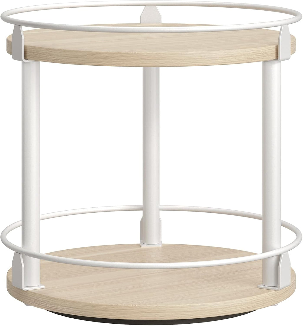 Lazy Susan Organizer, Rotating Spice Rack, 2 Tier Spice Turntable Organizer, Industrial Turntable Spice Holder, for Kitchen Countertop, Compact and Versatile, White and Light Oak SR22WG