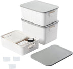 vacane 3 Pack Decorative Storage Bins with Lids, White Plastic Storage Basket for Organizing Stackable Storage Box with Handle on Closets,Classrooms,Offices