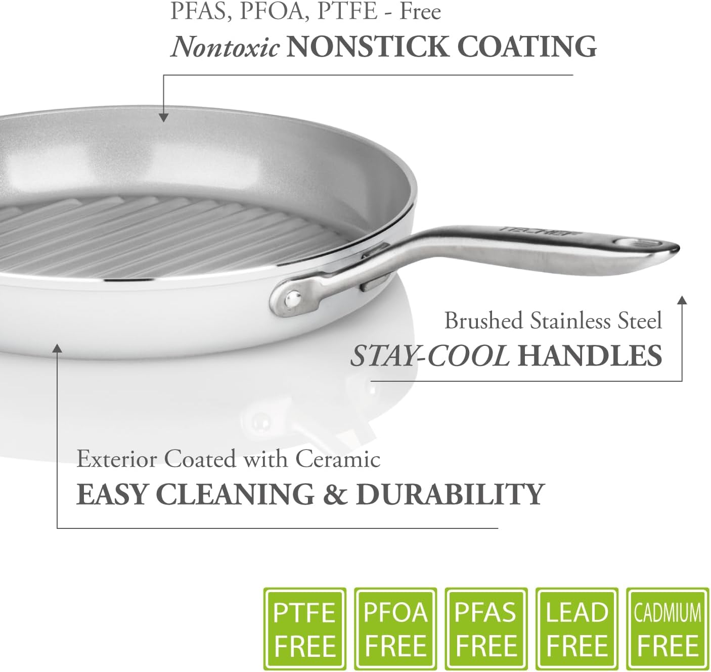 TECHEF - CeraTerra Collection, 12" Ceramic Nonstick Grill Pan (PTFE, PFAS, and PFOA Free), Made in Korea (12-in Grill Pan)