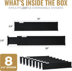 RAPTUROUS Adjustable Drawer Dividers 8 Pack, 2.5" High, 13-22" Long, Dresser Drawer Organizer for Bedroom, Closet, Kitchen, Nursery, Office, Strong Hold, Soft Foam Edges, Black