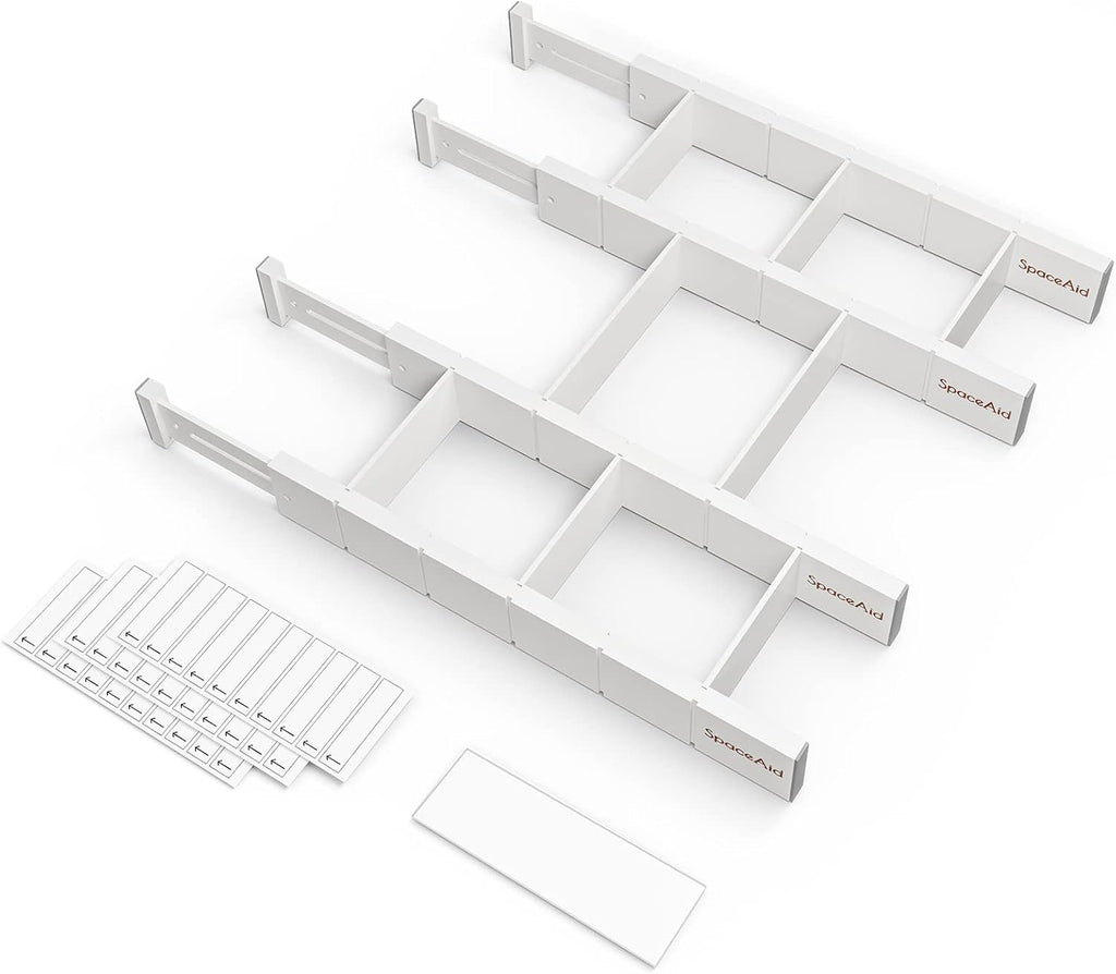 SpaceAid Bamboo Drawer Dividers with Inserts and Labels, Kitchen Adjustable Drawer Organizers, Expandable Organization for Home, Office, Dressers, 4 Dividers with 9 Inserts (17"-22" White)