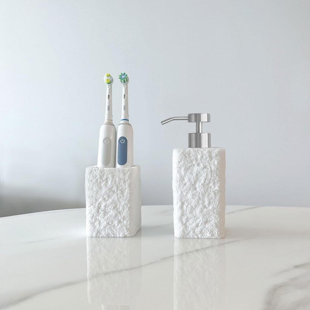 Lunestella White Textured Soap Dispenser with Stainless Steel Pump, Natural Stone Finish for Modern Farmhouse Bathroom, 12oz