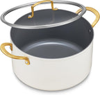 BEZIA 10 Quart Cooking Pot with Ceramic Coating, Non-Stick Stock Pot with Tempered Glass Lid, Large Soup Pot with Stainless Steel Handle, Induction Compatible Stockpot, Dishwasher Safe, Cream