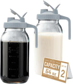 64oz Glass Pitcher with Lid - 2 Quart Mason Jar Pitcher with Spout, Leak-proof Milk Container for Refrigerator, Easy to Clean Wide Mouth Water Jug, Juice, Tea, Iced Coffee, Beverage and Drinks