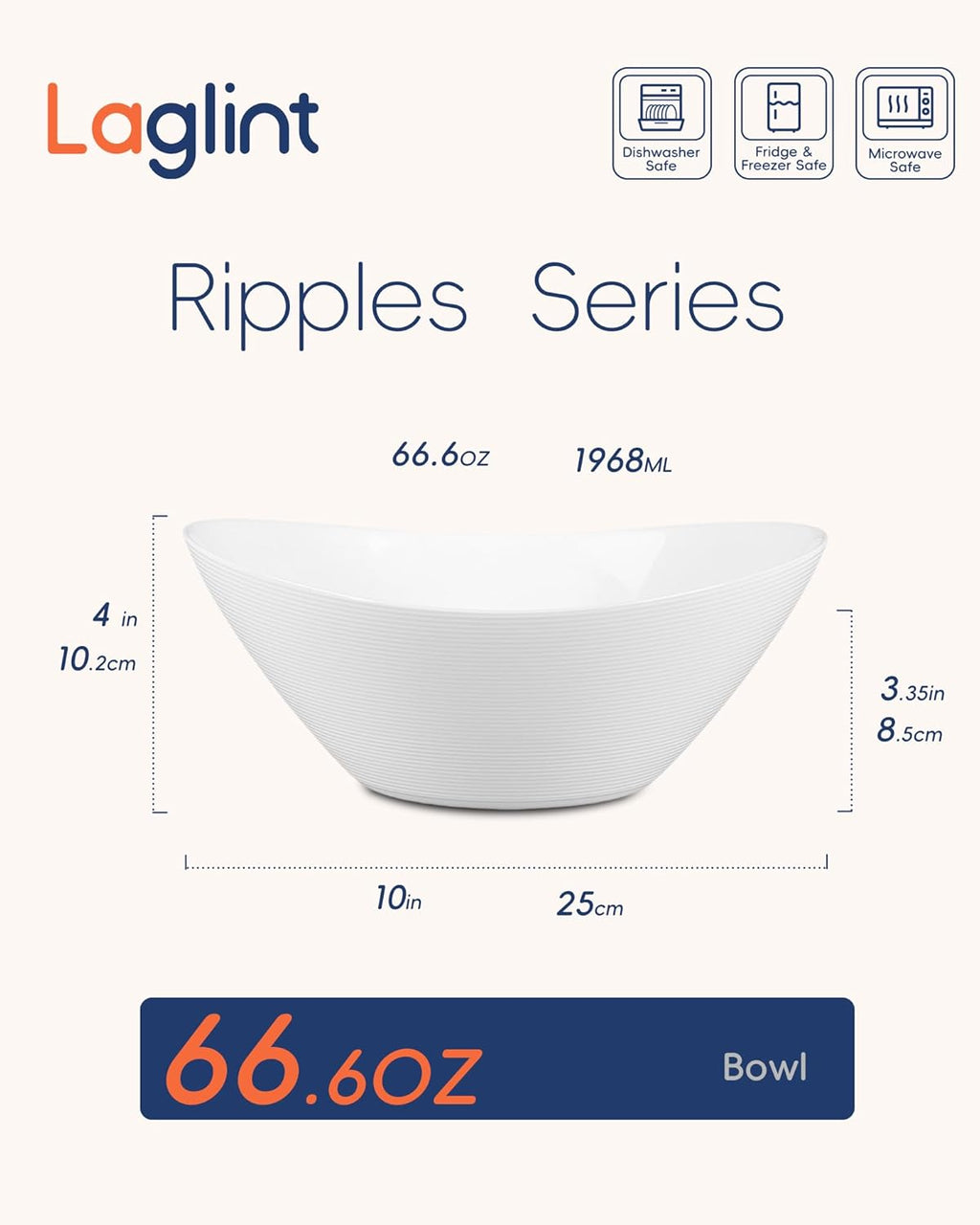 66 OZ Salad Bowl Set of 2, Opal Glass 10 inch Lightweight Serving Dishes for Salad, Fruit, Kitchen Microwave & Dishwasher Safe, Oval Shape White