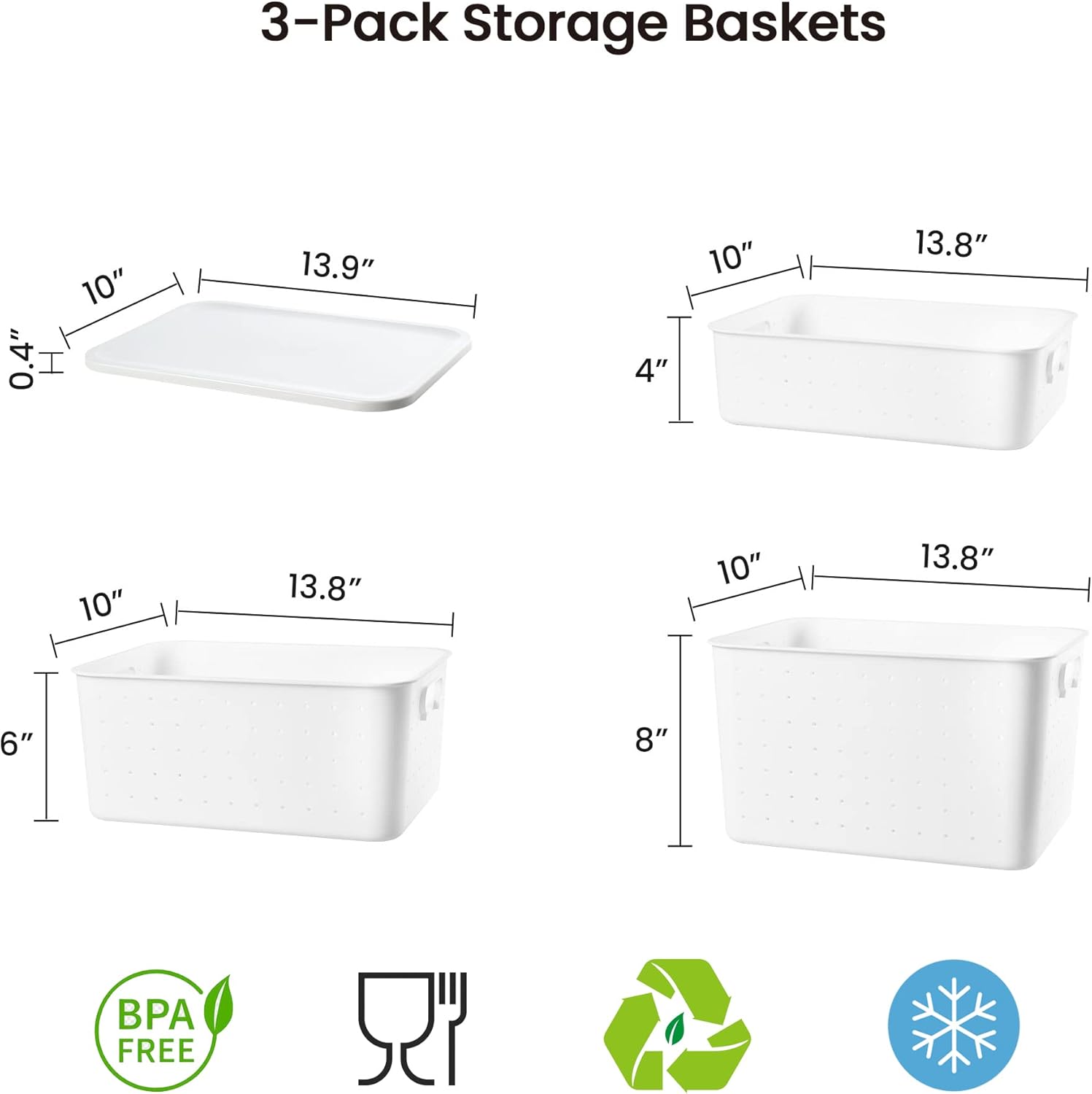 vacane Large White Storage Baskets with Snap Lid, Extremely Durable, Storage Baskets for Organizing Stackable Storage Box with Handle for Playroom Classroom Closet Office, 14 x 10 x 8 inch