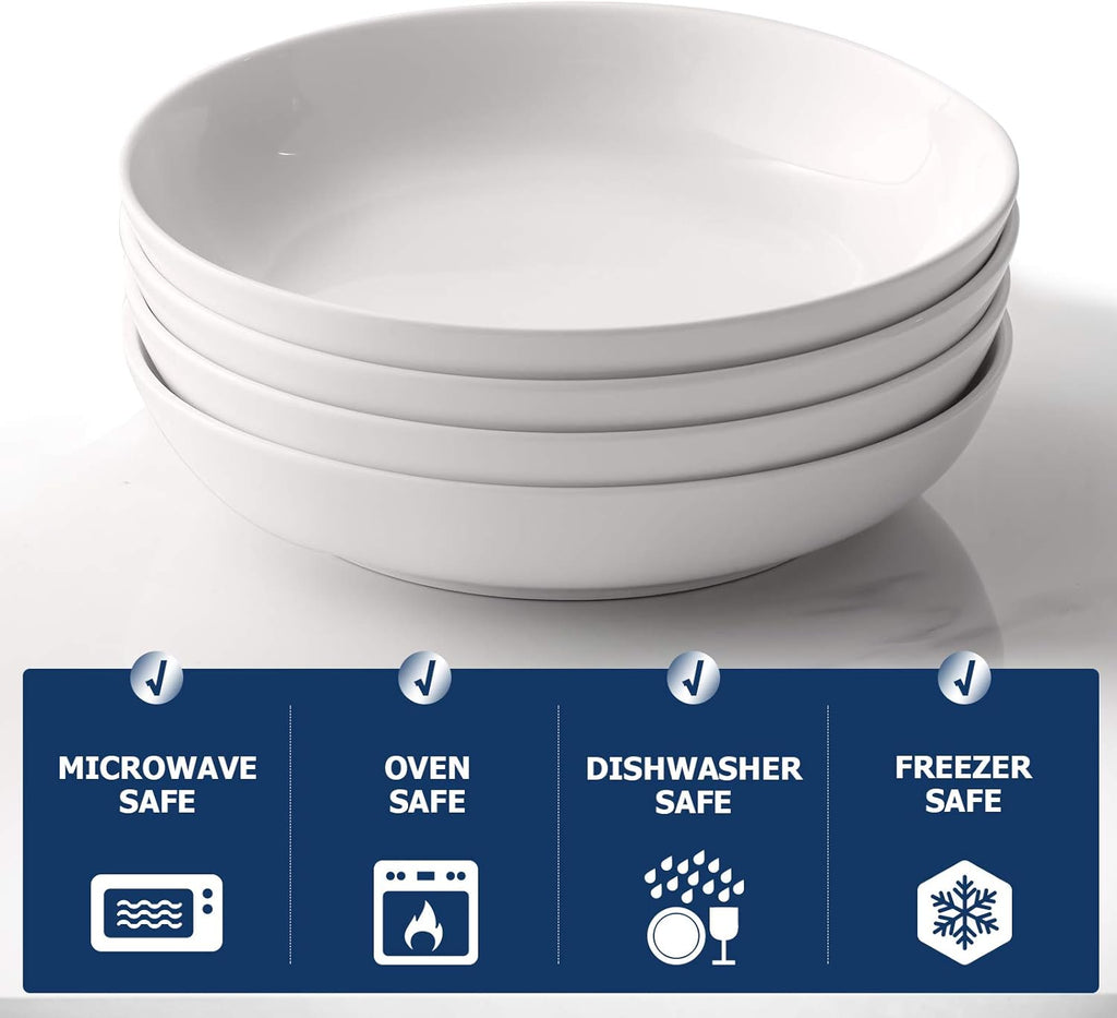 Y YHY Pasta Bowls 32oz, Ceramic Large Salad Serving Bowls, White Pasta Bowls Set, Shallow Soup Bowl Set of 4, Microwave & Dishwasher Safe