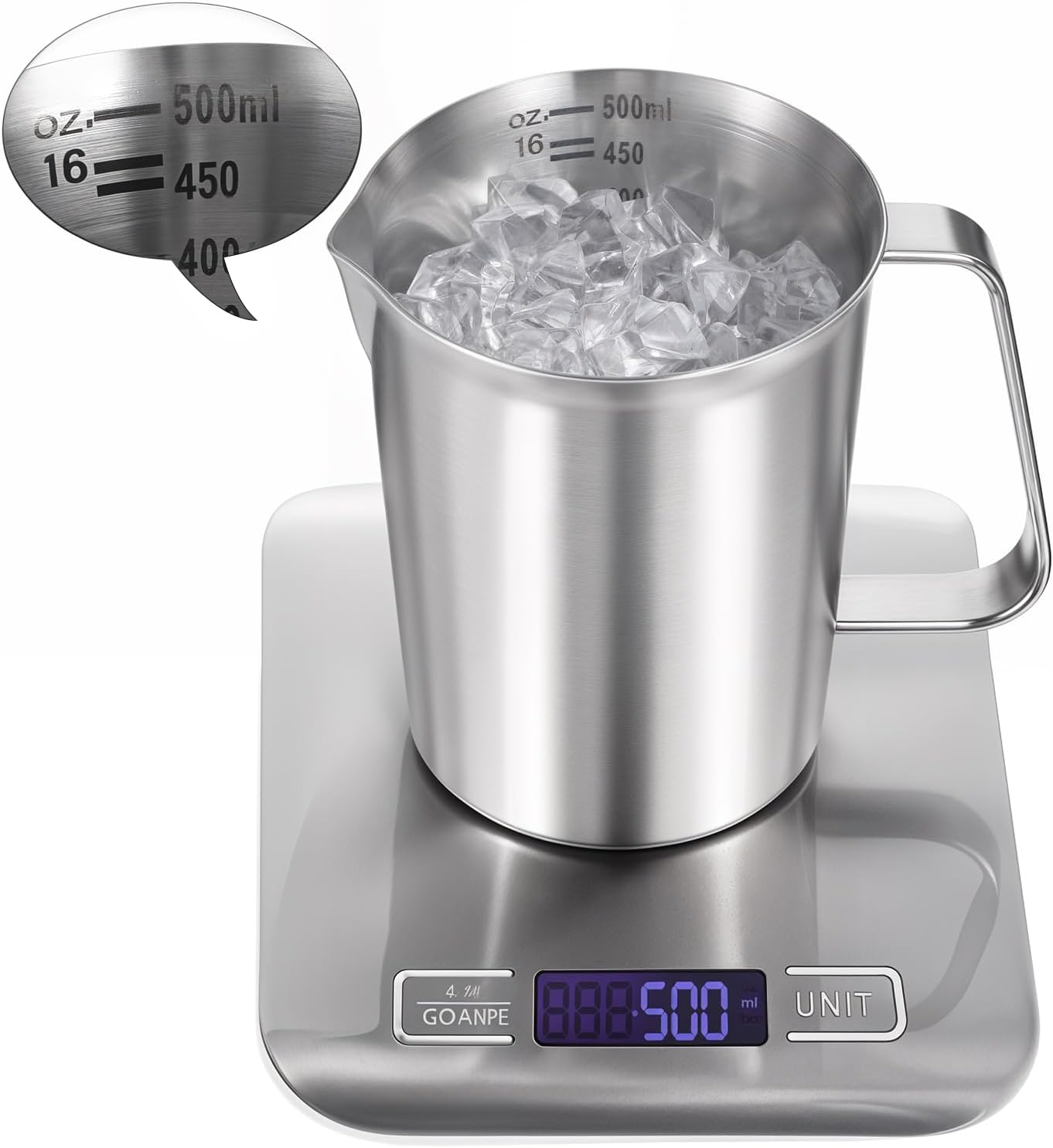 2 Pcs Stainless Steel Measuring Cup with Handle and Pour Lip, Metal Pitcher with Oz and ML marking, 16OZ/500ML), Heavy-Duty Pitcher