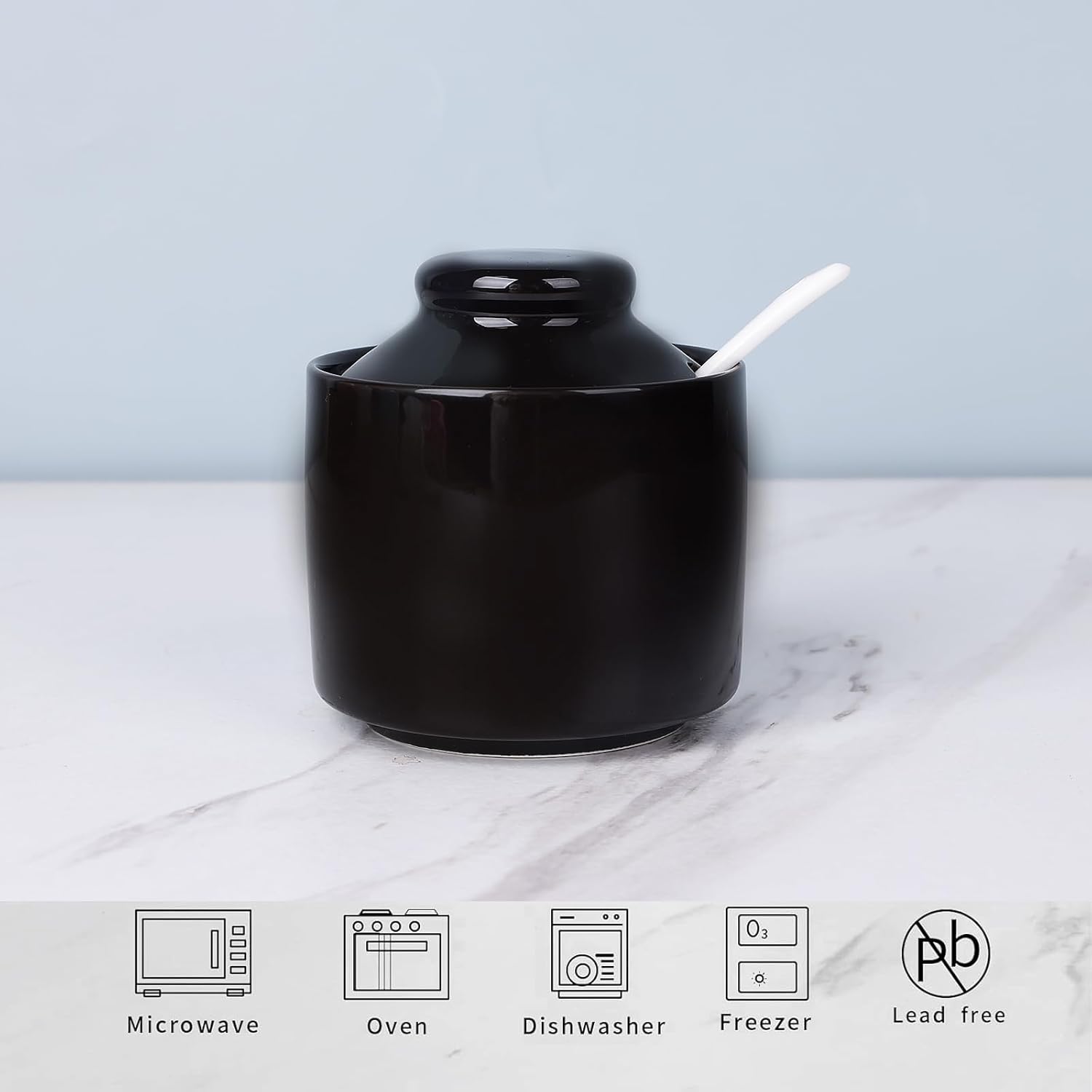 HAOTOP 8 oz Sugar Bowl with Lid and Spoon,Ceramic Sugar Jar Sugar Dispenser Sugar Container Coffee Bar Accessories, Kitchen Countertop Canisters (Black)
