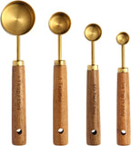Gold Measuring Cups and Spoons Set of 4, Golden Stainless Steel Measuring Cups with Wooden Handles brass Measuring Spoons Set for Baking Supplies